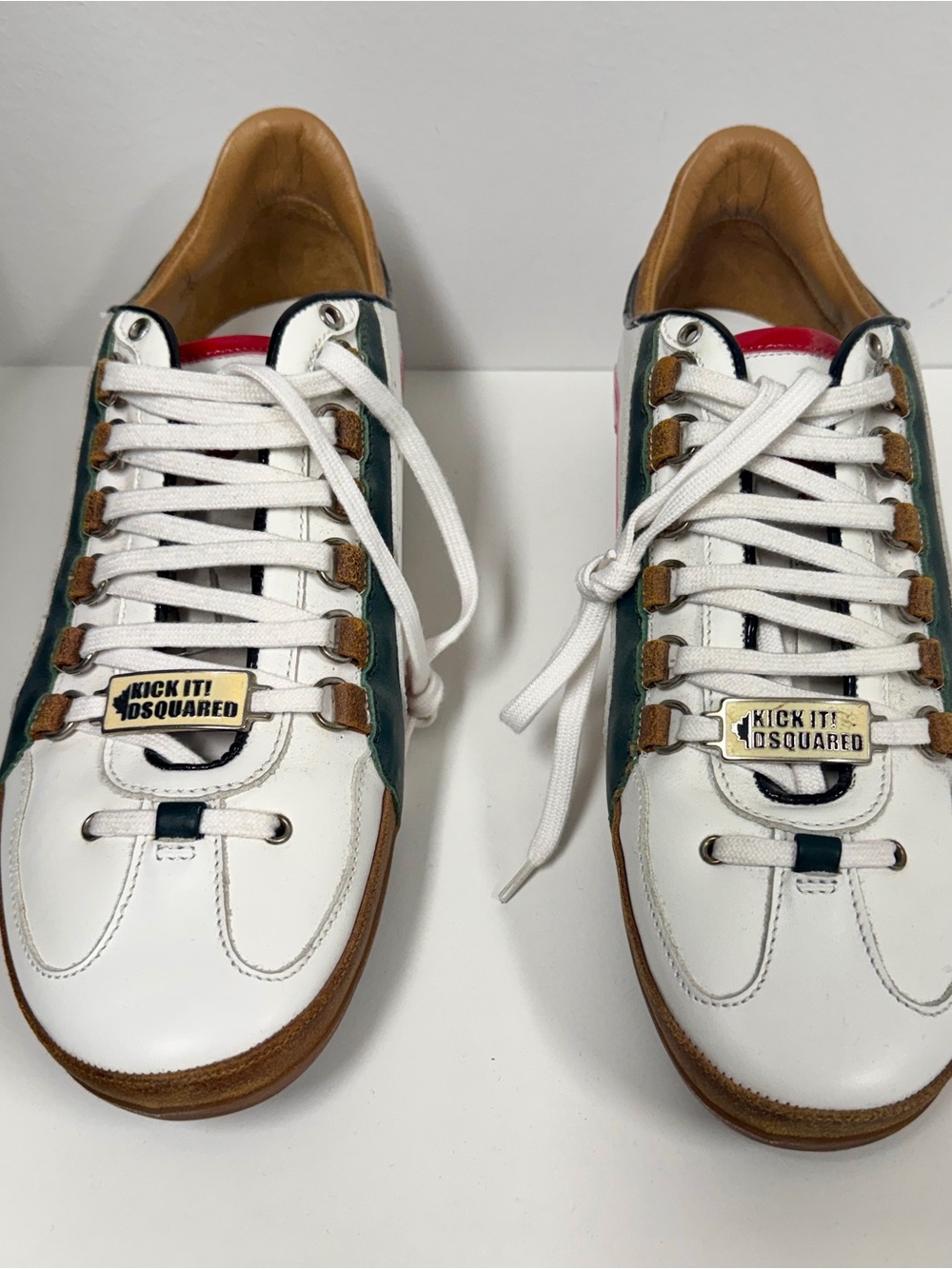 DSQUARED2 White Leather Sneakers with Green & Red Accents and Tan Interior NWT - Picture 7 of 13